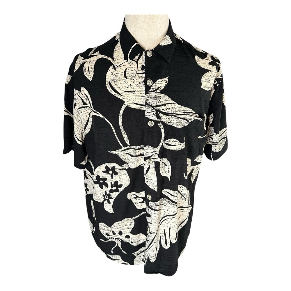 Jams World Men's Rayon Hawaiian Shirt‎ Floral Print Black White Size M Pocket